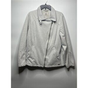 Prana White Gray Womens XL Jacket Zip Pockets Moto Sweater Knit Warm Cool
